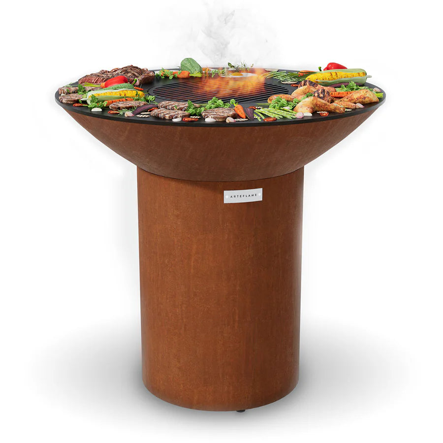 ARTEFLAME CLASSIC 40″ — ROUND BASE FLAT-TOP GRILL & FIRE BOWL (CORTEN STEEL)