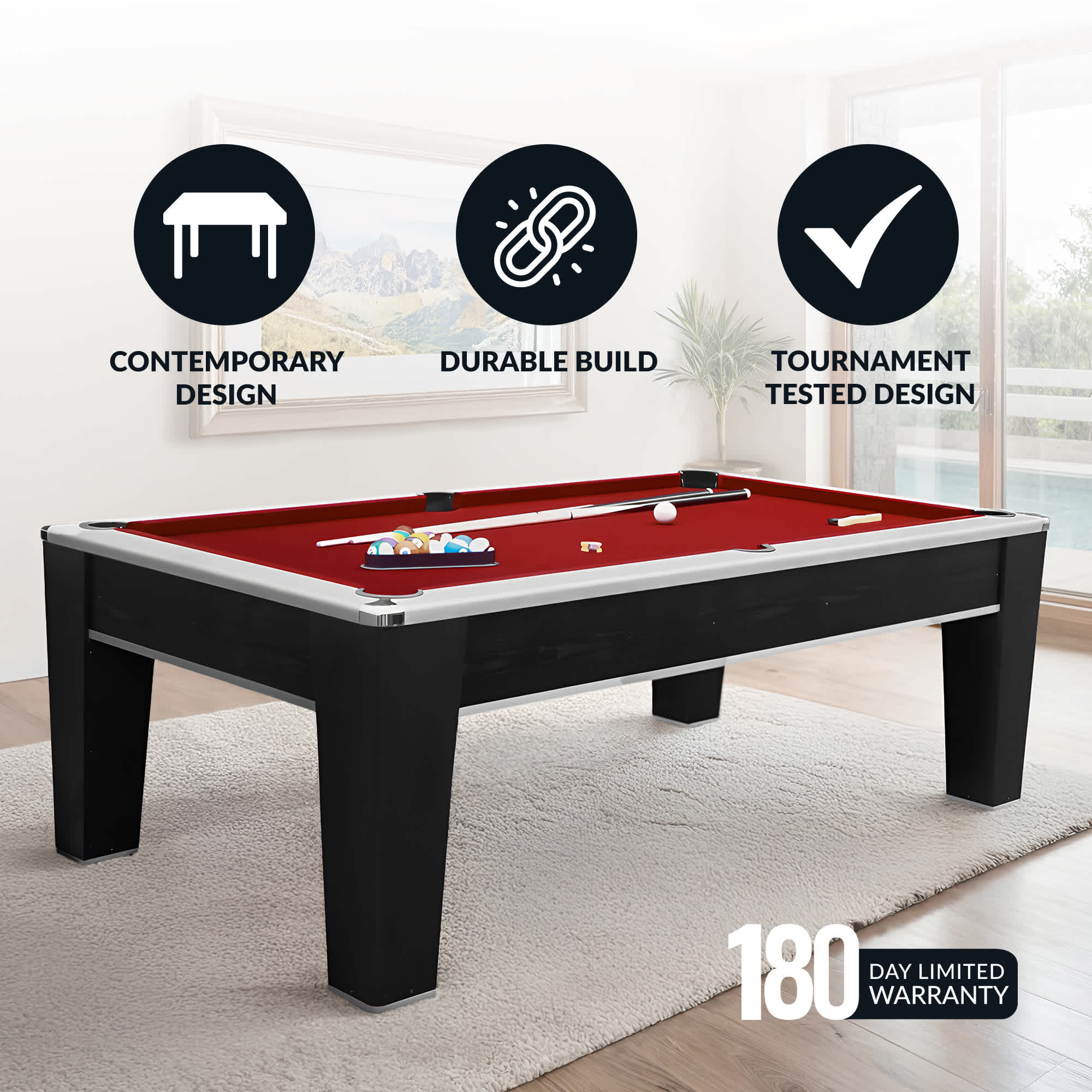 Hathaway Mirage 7.5-ft Pool Table - Black and Silver with Dark Red Felt
