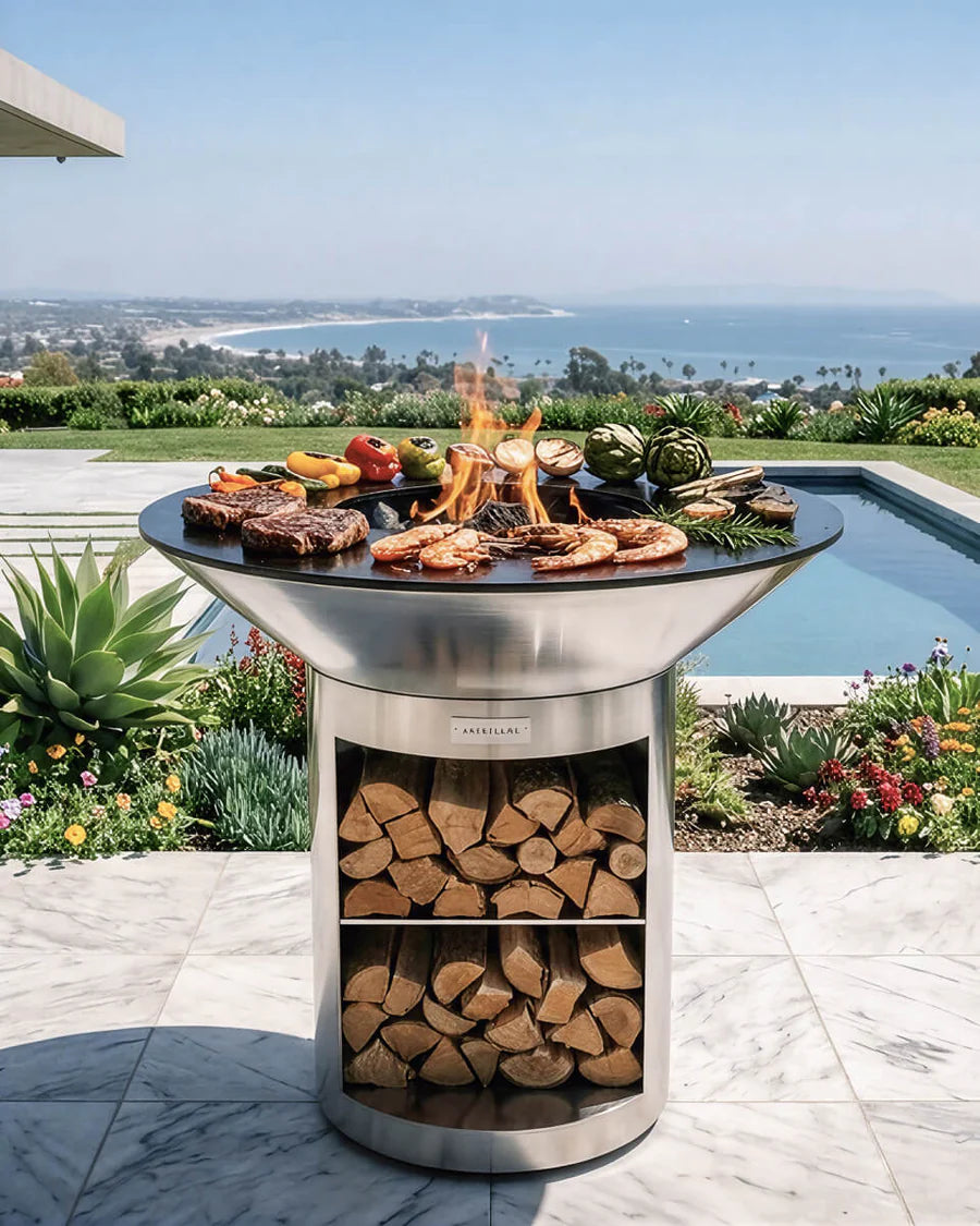 Arteflame 40″ Platinum Series — Stainless Fire Bowl Flat-Top Grill with Storage Base (Stainless / Black)