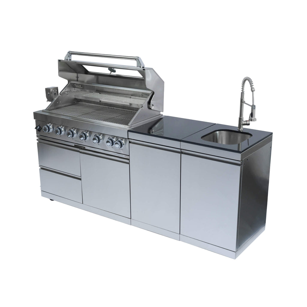 Castelle Flame Granite Outdoor BBQ Kitchen Island With 43-Inch 6-Burner Gas Grill, Rotisserie Kit, Cabinets, And Sink (SAK73518)