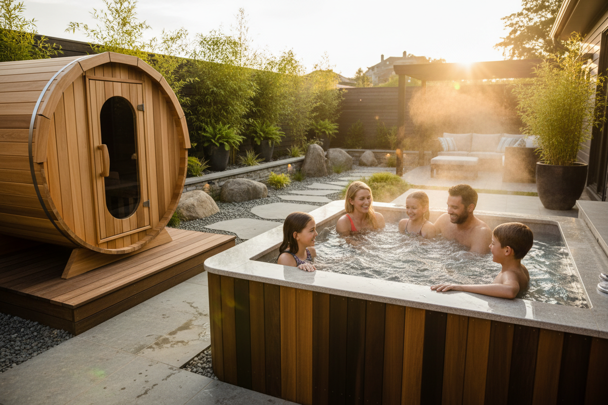 generate a image of a family, relaxing in a high quality hot tub with a barral sauna in the back