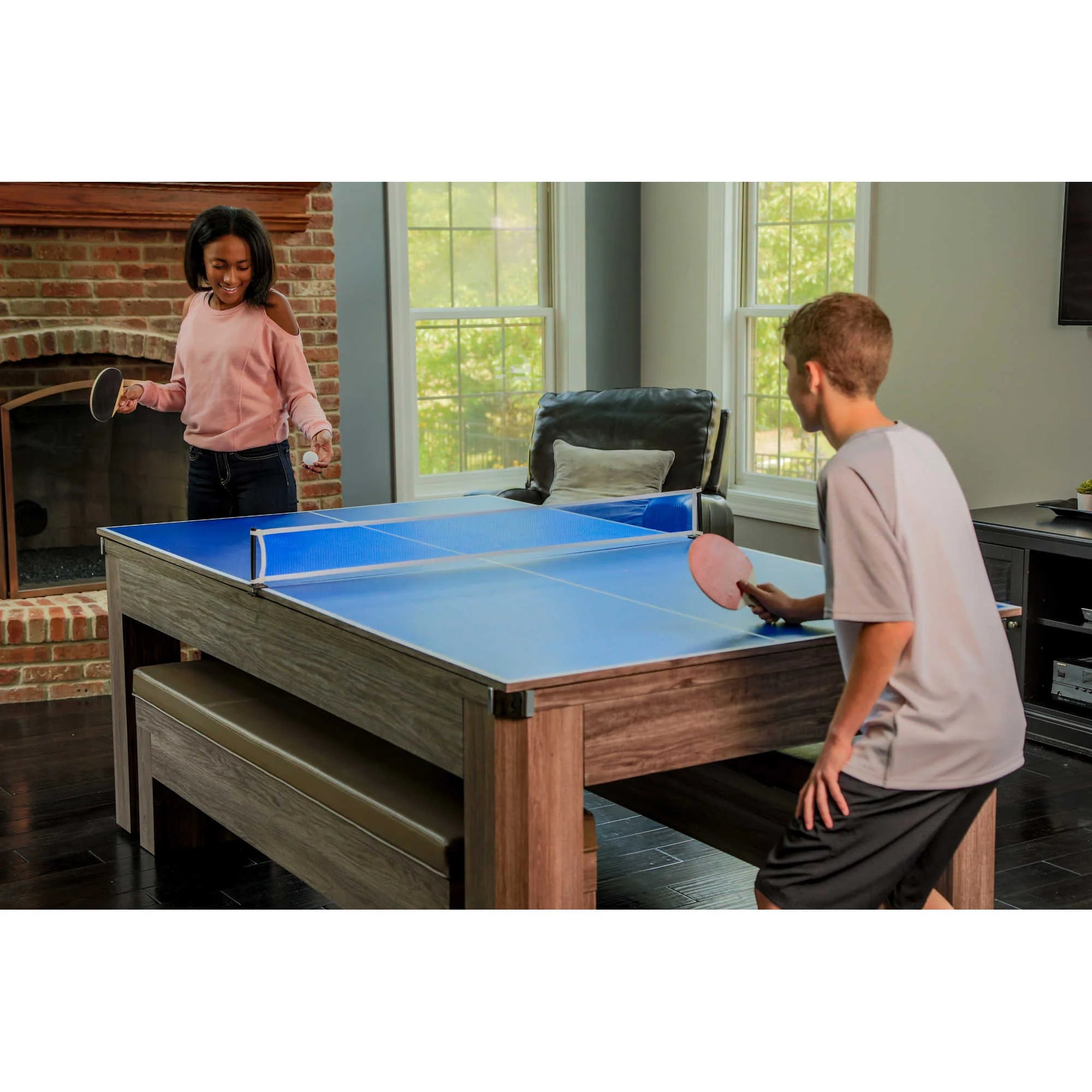 Hathaway Newport 7-ft Pool Table Combo Set with Benches - Light Oak with Red Felt