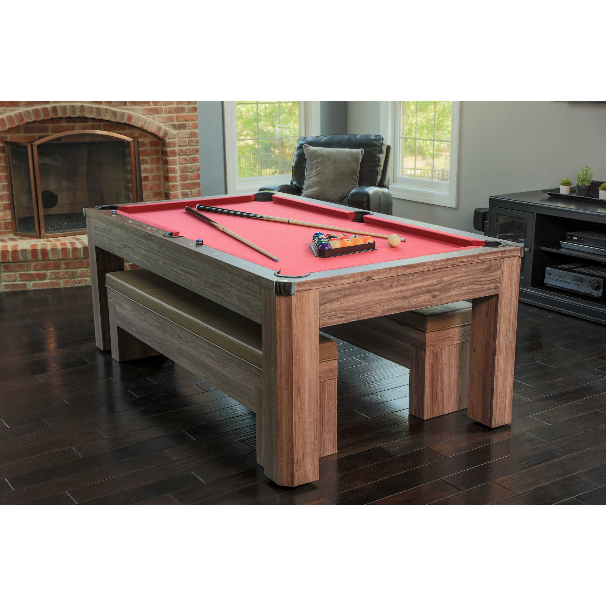 Hathaway Newport 7-ft Pool Table Combo Set with Benches - Light Oak with Red Felt