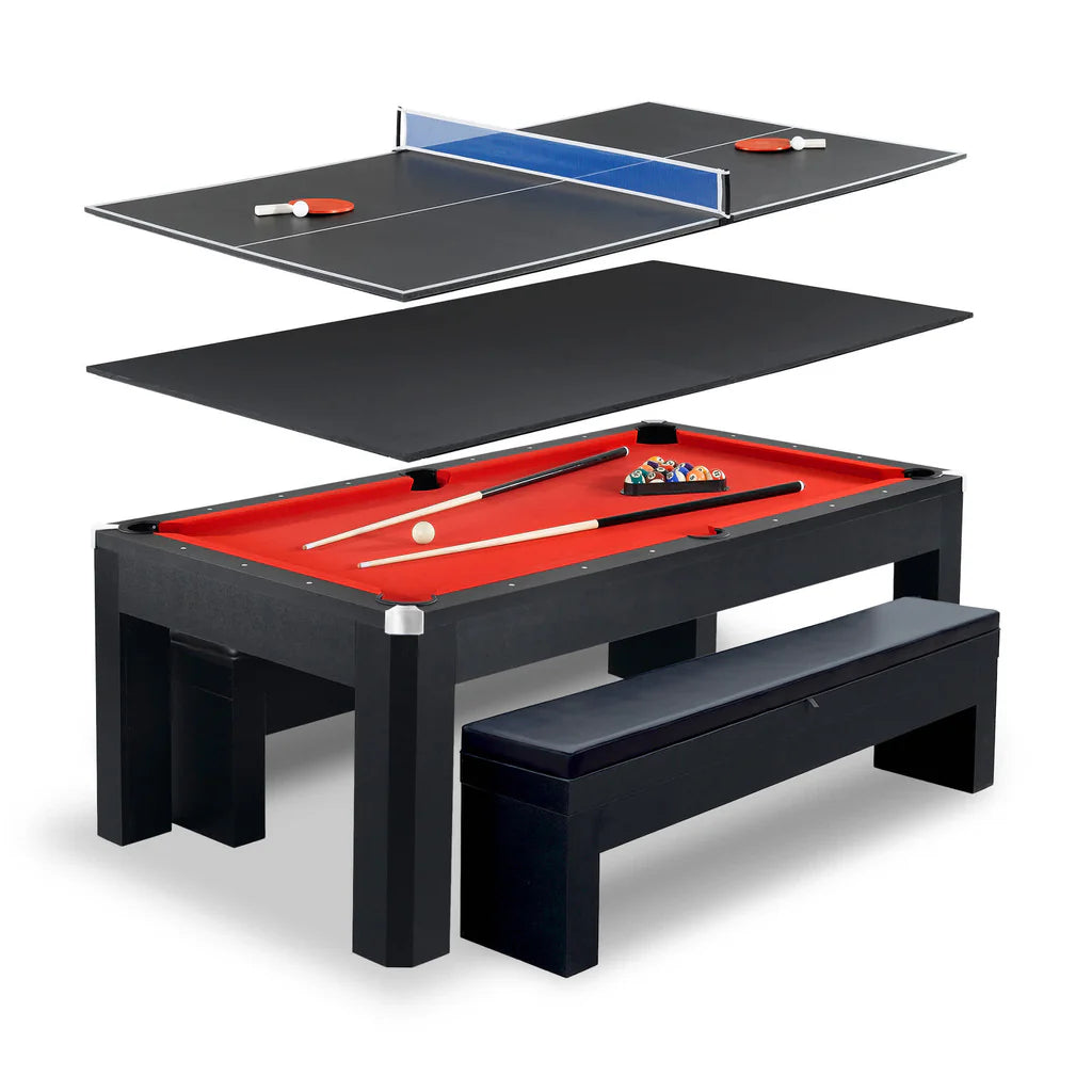 Hathaway Park Avenue 7-ft Pool Table Combo Set with Benches - Black with Red Felt